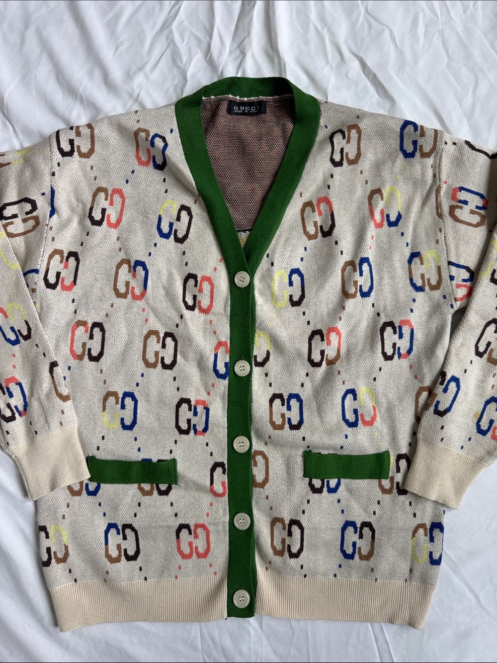 Gucci like Beige Cardigan with Green Trim and GG Motif with Tiger
